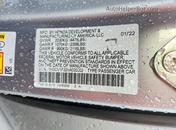 1HGCV1F32NA020002 2022 HONDA ACCORD Silver Vista del compartimento del motor