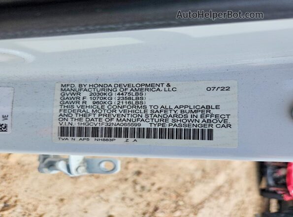 1HGCV1F32NA065599 2022 HONDA ACCORD White Vista del compartimento del motor
