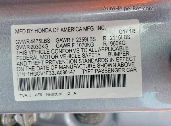 1HGCV1F33JA086147 2018 HONDA ACCORD Silver ძრავის განყოფილების ხედი