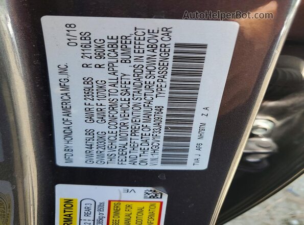 1HGCV1F33JA097648 2018 HONDA ACCORD Gray ძრავის განყოფილების ხედი