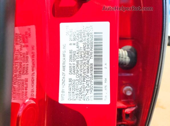 1HGCV1F33JA192808 2018 HONDA ACCORD Красный Вид наклейки с VIN-кодом