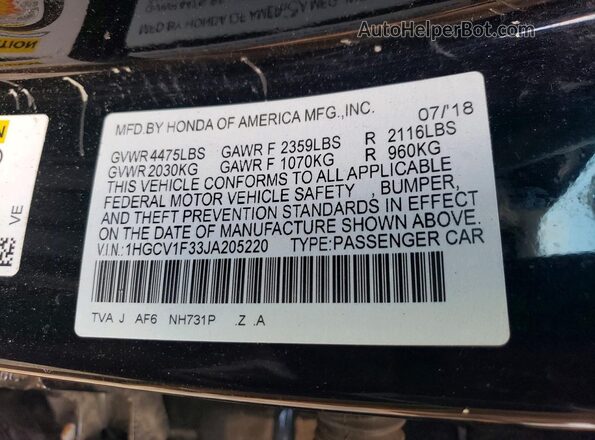 1HGCV1F33JA205220 2018 HONDA ACCORD Черный Вид подкапотного пространства