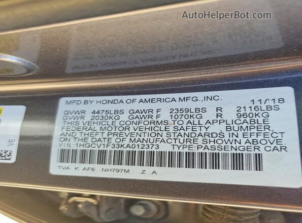 1HGCV1F33KA012373 2019 HONDA ACCORD Gray Вид підкапотного простору