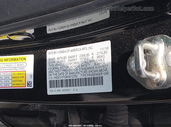 1HGCV1F33KA012762 2019 HONDA ACCORD Черный Вид подкапотного пространства