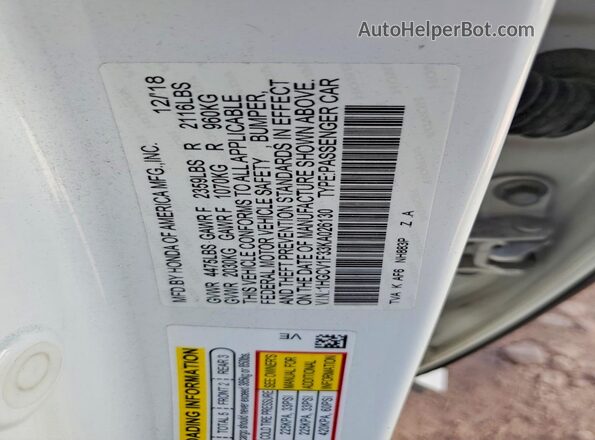 1HGCV1F33KA026130 2019 HONDA ACCORD White VIN կոդի պիտակի տեսք