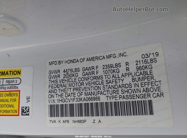 1HGCV1F33KA066966 2019 HONDA ACCORD White ძრავის განყოფილების ხედი