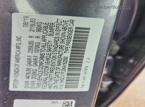 1HGCV1F33KA162550 2019 HONDA ACCORD Серый Вид подкапотного пространства