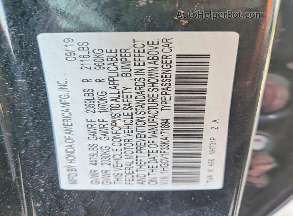 1HGCV1F33KA171894 2019 HONDA ACCORD Black Вид підкапотного простору