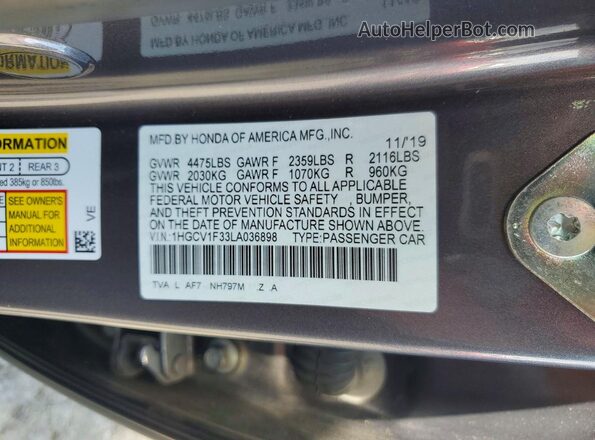 1HGCV1F33LA036898 2020 HONDA ACCORD Gray Widok komory silnika