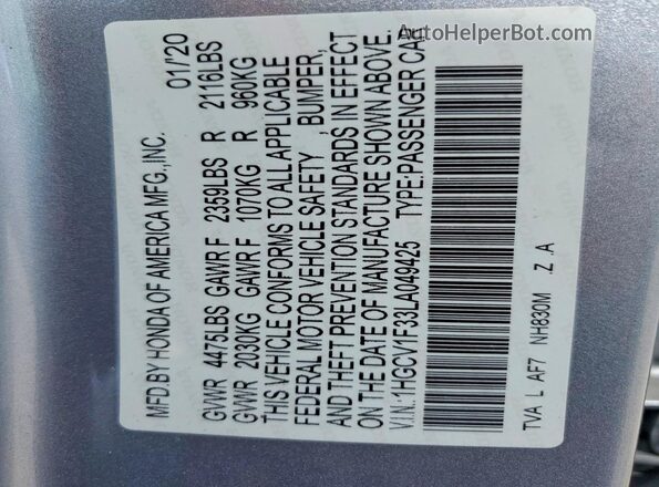 1HGCV1F33LA049425 2020 HONDA ACCORD Silver Widok naklejki z numerem VIN