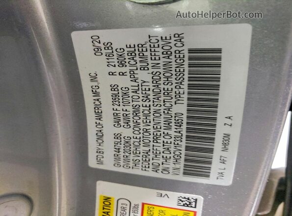 1HGCV1F33LA148570 2020 HONDA ACCORD Silver Вид наклейки з VIN-кодом