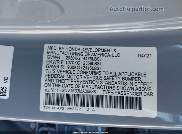 1HGCV1F33MA068381 2021 HONDA ACCORD Cream Vista de la etiqueta del VIN