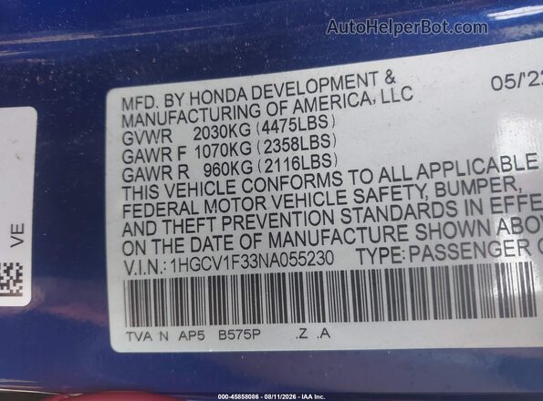 1HGCV1F33NA055230 2022 HONDA ACCORD Gray Շարժիչի բաժամունքի տեսք