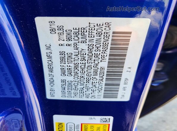1HGCV1F34JA230191 2018 HONDA ACCORD Blue ძრავის განყოფილების ხედი