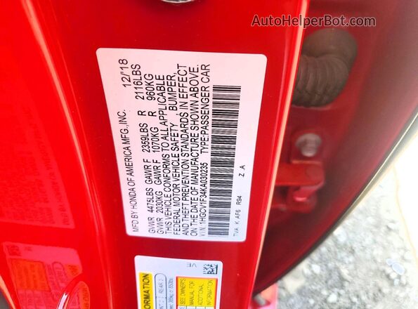 1HGCV1F34KA030235 2019 HONDA ACCORD Red Widok komory silnika