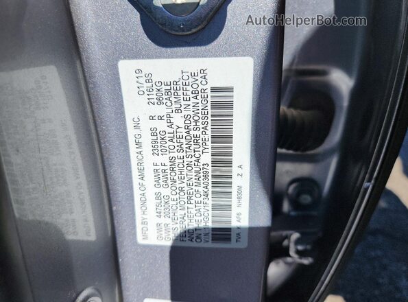 1HGCV1F34KA036973 2019 HONDA ACCORD Silver Engine compartment view