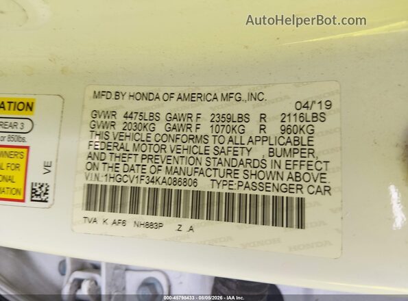 1HGCV1F34KA086806 2019 HONDA ACCORD White Вид підкапотного простору