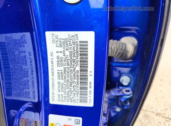 1HGCV1F34KA094100 2019 HONDA ACCORD Синий Вид подкапотного пространства