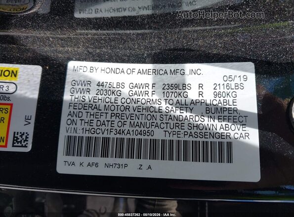 1HGCV1F34KA104950 2019 HONDA ACCORD Черный Вид подкапотного пространства