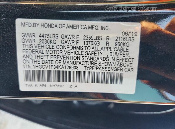 1HGCV1F34KA128908 2019 HONDA ACCORD Черный Вид подкапотного пространства