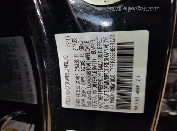 1HGCV1F34KA150083 2019 HONDA ACCORD Black ძრავის განყოფილების ხედი