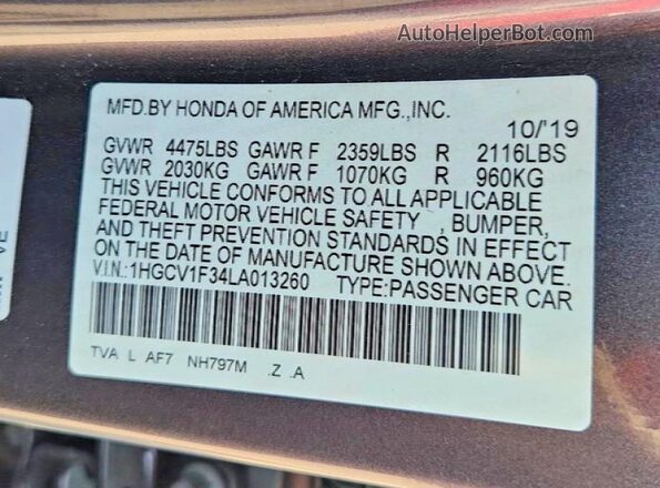 1HGCV1F34LA013260 2020 HONDA ACCORD Charcoal Vista del compartimento del motor