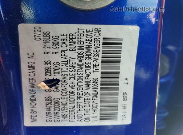 1HGCV1F34LA106490 2020 HONDA ACCORD Синий Вид подкапотного пространства