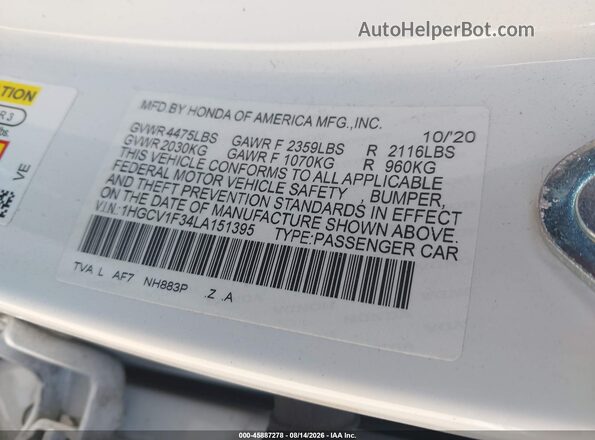 1HGCV1F34LA151395 2020 HONDA ACCORD White Вид підкапотного простору