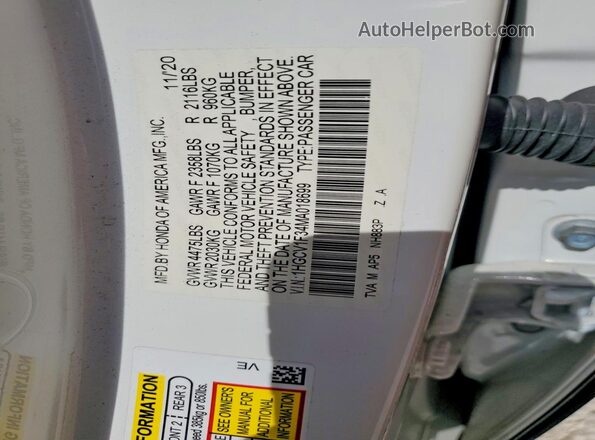 1HGCV1F34MA018699 2021 HONDA ACCORD Белый Вид подкапотного пространства
