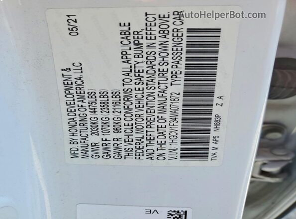 1HGCV1F34MA071872 2021 HONDA ACCORD White Вид підкапотного простору