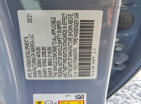 1HGCV1F34MA074741 2021 HONDA ACCORD Gray ძრავის განყოფილების ხედი