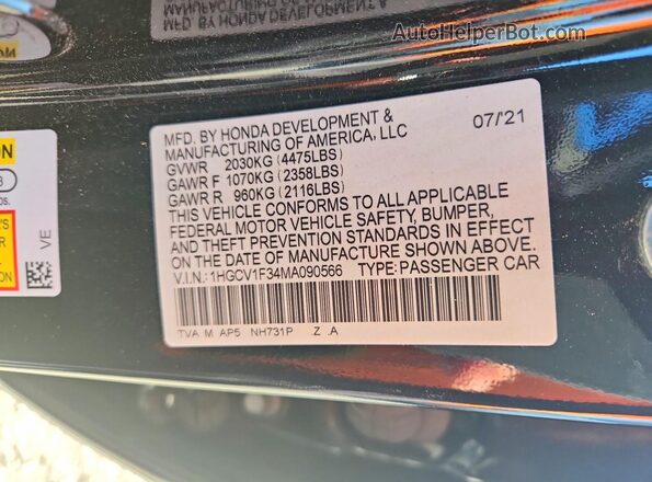 1HGCV1F34MA090566 2021 HONDA ACCORD Black VIN კოდის სტიკერის ხედი