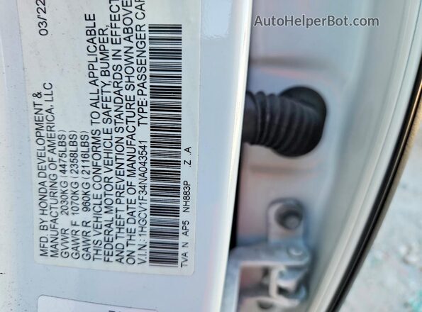 1HGCV1F34NA043541 2022 HONDA ACCORD White Widok komory silnika