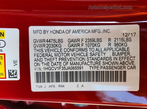 1HGCV1F35JA065591 2018 HONDA ACCORD Red Вид підкапотного простору