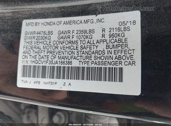 1HGCV1F35JA166386 2018 HONDA ACCORD Black Widok komory silnika