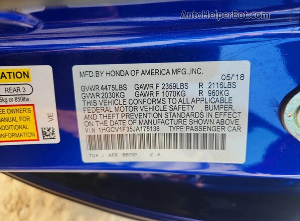 1HGCV1F35JA175136 2018 HONDA ACCORD Blue Widok komory silnika