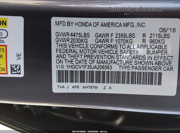 1HGCV1F35JA206563 2018 HONDA ACCORD Gray Widok komory silnika