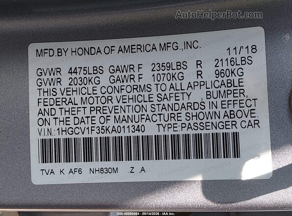 1HGCV1F35KA011340 2019 HONDA ACCORD Серебряный Вид подкапотного пространства