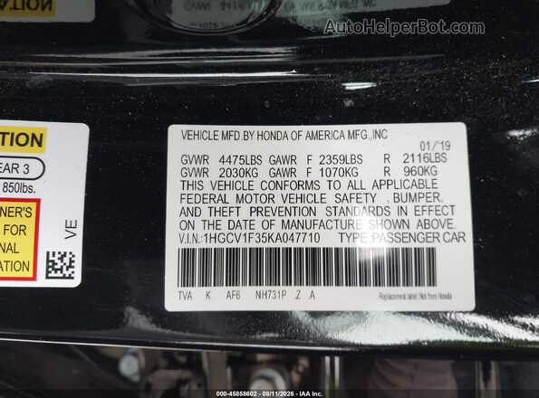 1HGCV1F35KA047710 2019 HONDA ACCORD Black ძრავის განყოფილების ხედი