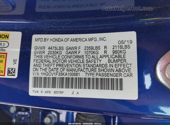 1HGCV1F35KA100681 2019 HONDA ACCORD Синий Вид подкапотного пространства