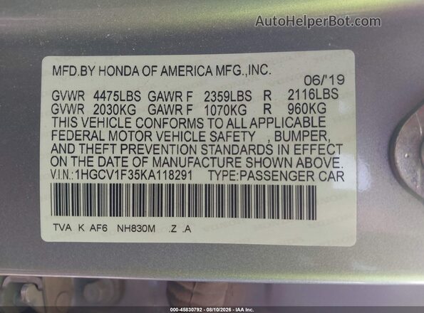 1HGCV1F35KA118291 2019 HONDA ACCORD Silver Vista del compartimento del motor