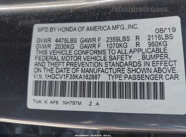 1HGCV1F35KA162887 2019 HONDA ACCORD Gray Вид підкапотного простору