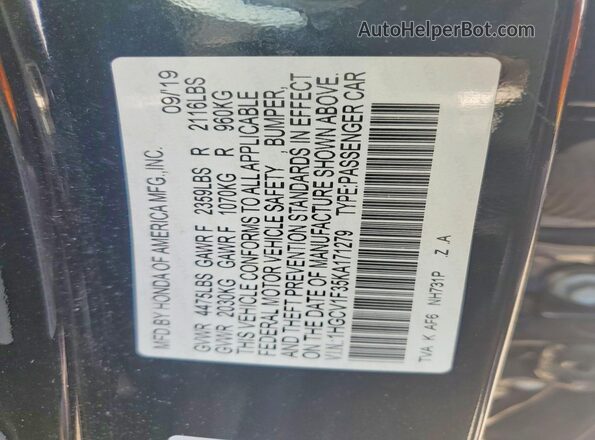 1HGCV1F35KA171279 2019 HONDA ACCORD Black Vista de la etiqueta del VIN
