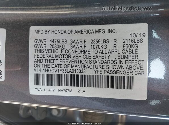 1HGCV1F35LA013333 2020 HONDA ACCORD Gray Vista del compartimento del motor
