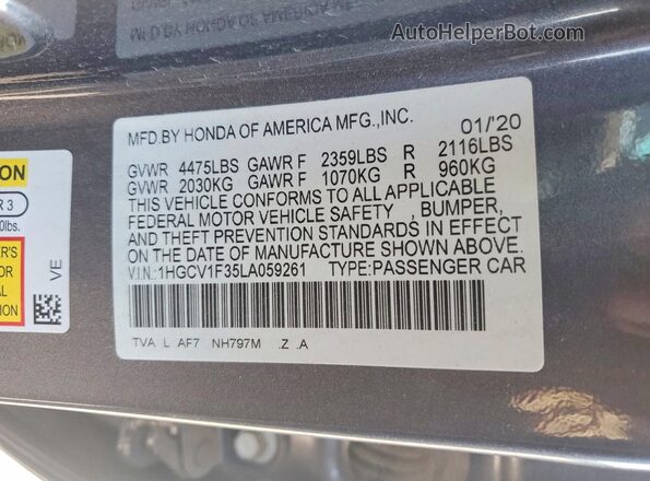 1HGCV1F35LA059261 2020 HONDA ACCORD Серый Вид подкапотного пространства