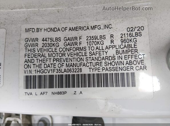 1HGCV1F35LA063228 2020 HONDA ACCORD White Widok komory silnika