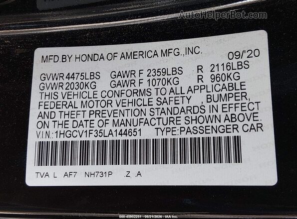 1HGCV1F35LA144651 2020 HONDA ACCORD Black Widok komory silnika