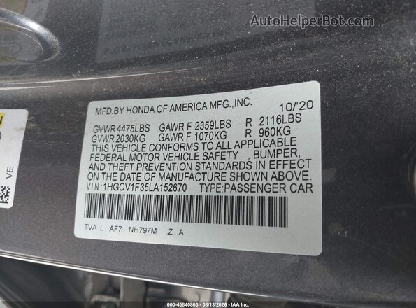 1HGCV1F35LA152670 2020 HONDA ACCORD Серый Вид подкапотного пространства