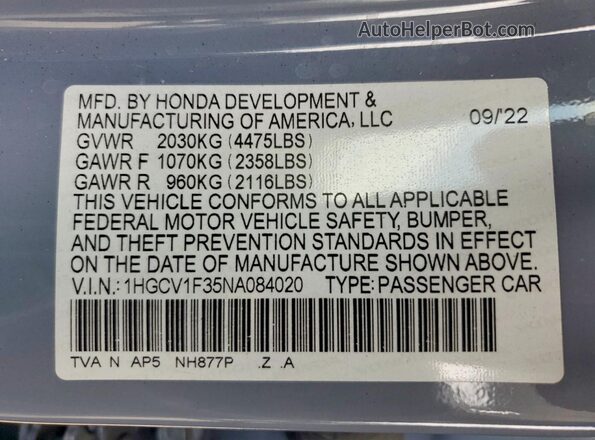 1HGCV1F35NA084020 2022 HONDA ACCORD Gray Շարժիչի բաժամունքի տեսք