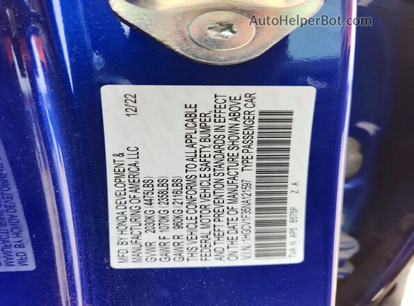 1HGCV1F35NA121597 2022 HONDA ACCORD Blue Widok naklejki z numerem VIN